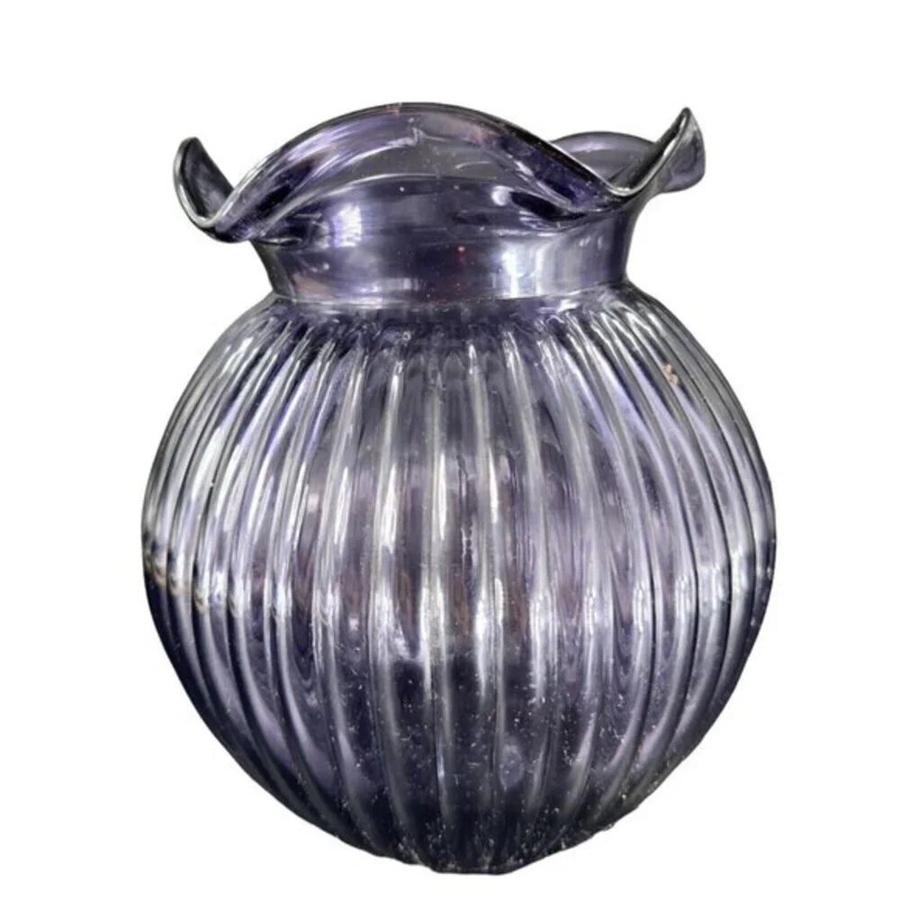 Hand Blown Art Glass‎ Purple Amethyst Vase Round Bottom Wavy Edge On Top Vintage